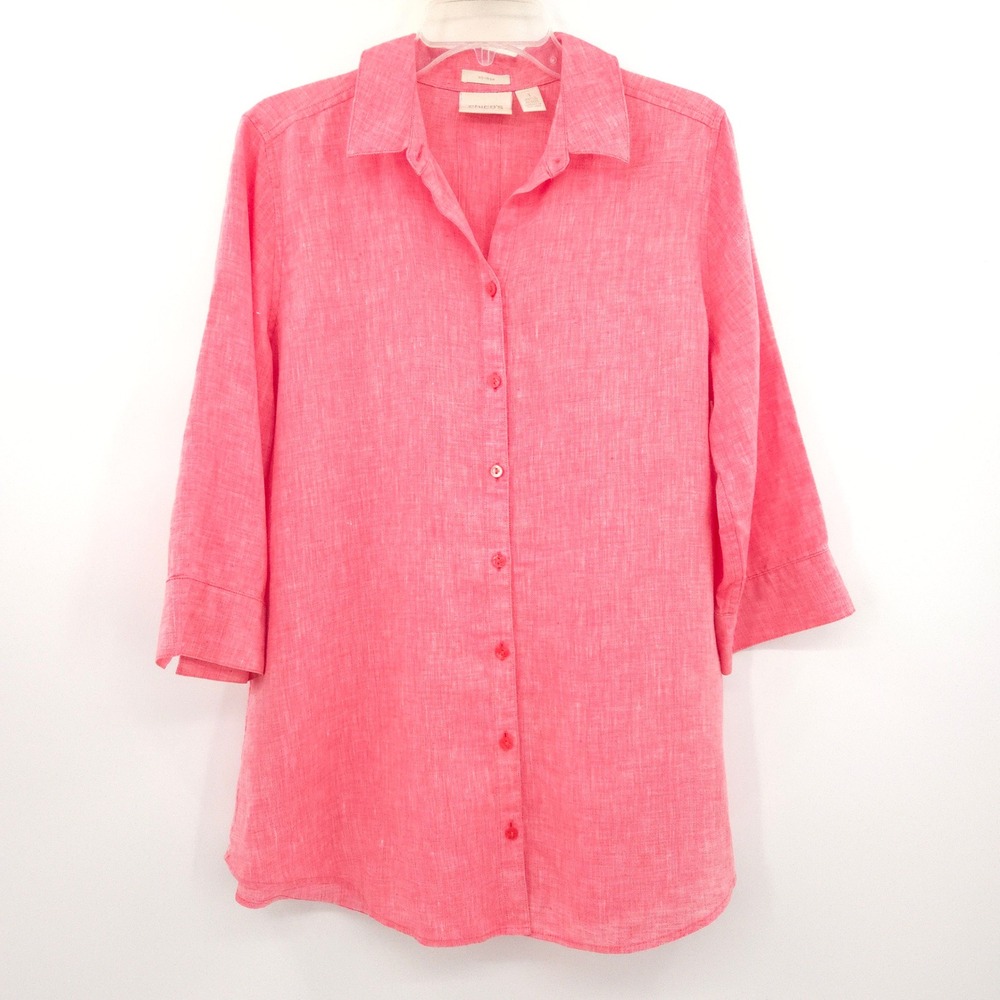 Chico's Button Down Shirt Women 1 (M) Pink 100% Linen 3/4 Sleeve No-Iron